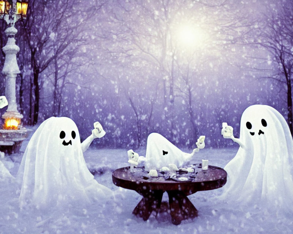 Ghostly figures in snowy park scene under street lamp