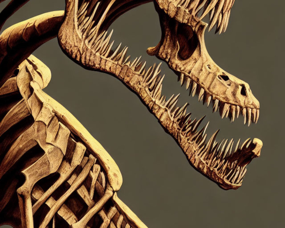 Detailed view of Tyrannosaurus rex skeleton with skull, teeth, and ribcage on neutral