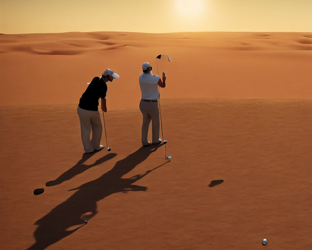Golfers putting on sandy terrain with dunes at sunset