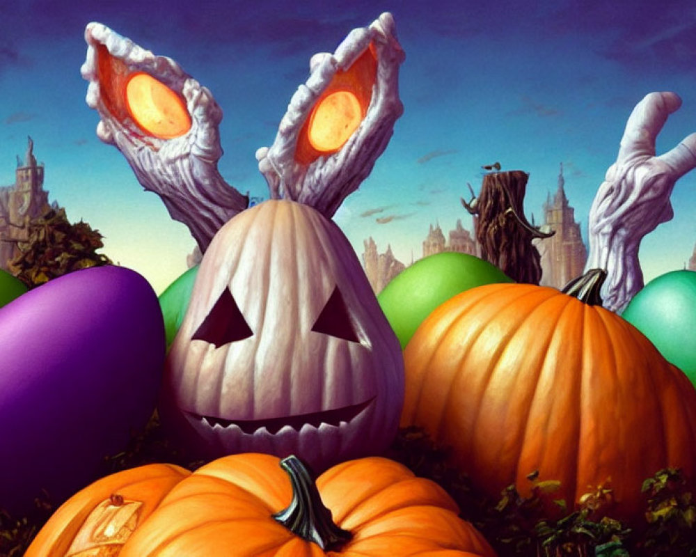 Whimsical Halloween scene with jack-o'-lantern head, figure with outstretched hands,