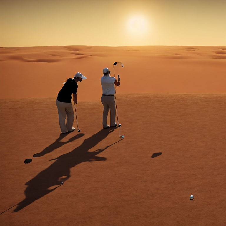 Golfers putting on sandy terrain with dunes at sunset