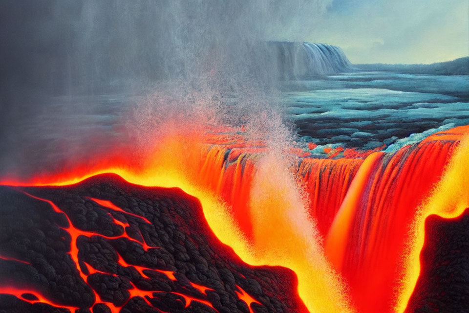Volcanic landscape with lava cascading over cliffs and waterfalls