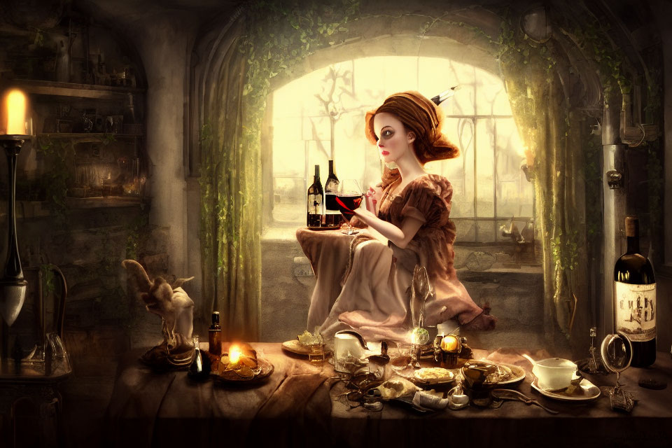 Vintage dress woman with wine, cat, and candles in cozy room