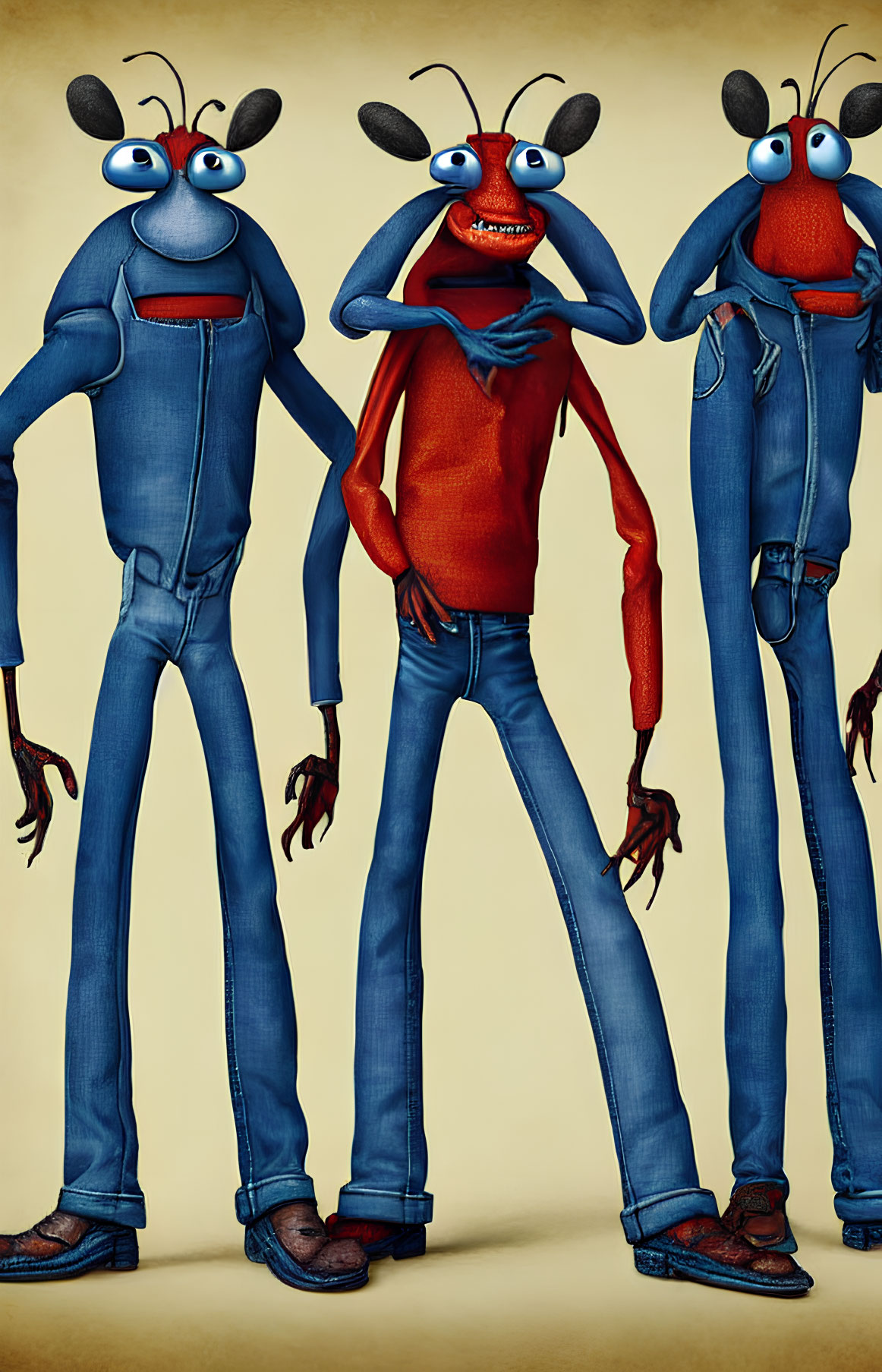 Anthropomorphic insect characters in denim attire on beige backdrop