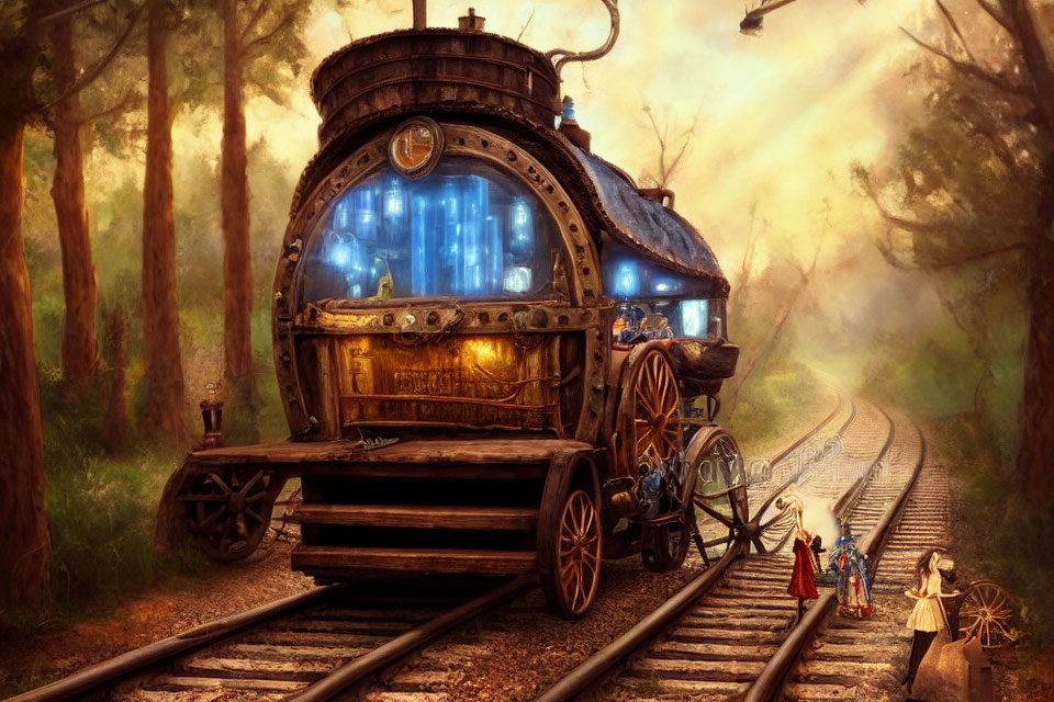 Fantastical steam locomotive with glowing blue windows in enchanted forest