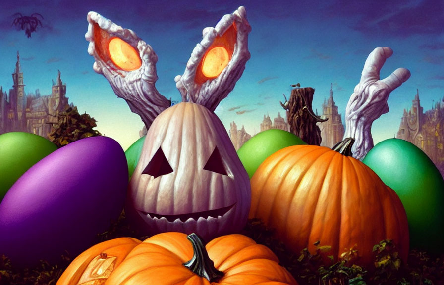 Whimsical Halloween scene with jack-o'-lantern head, figure with outstretched hands,