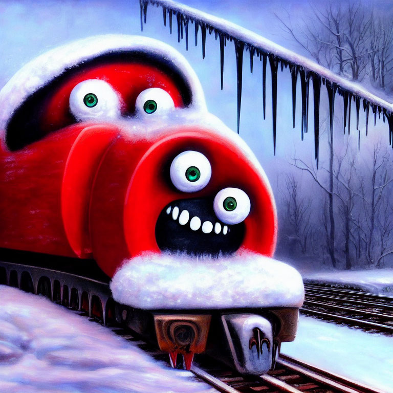 Whimsical red train with cartoon faces in snowy scene