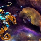 Colorful space cowgirl lassoing bubbles with giant smiling fish in cosmic background