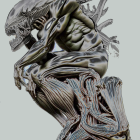 Sculptural art piece of humanoid figures with elongated limbs in metallic finish
