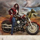 Anthropomorphic raccoon in red leather jacket next to custom motorcycle