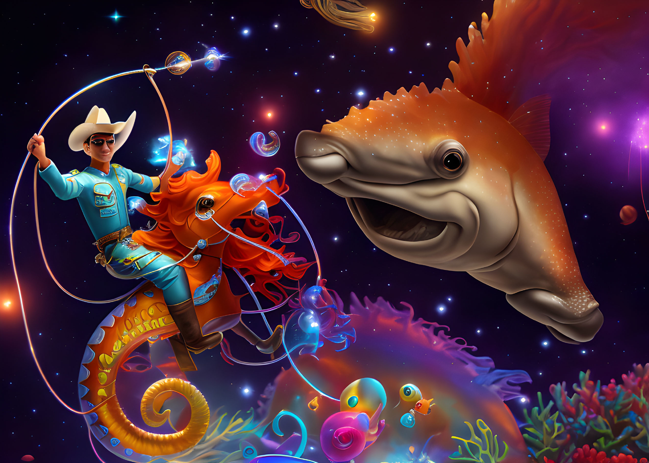 Colorful space cowgirl lassoing bubbles with giant smiling fish in cosmic background