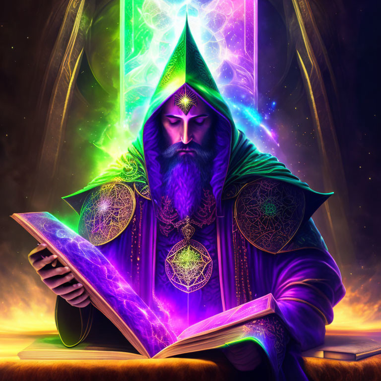 Bearded wizard reading glowing book under starry sky