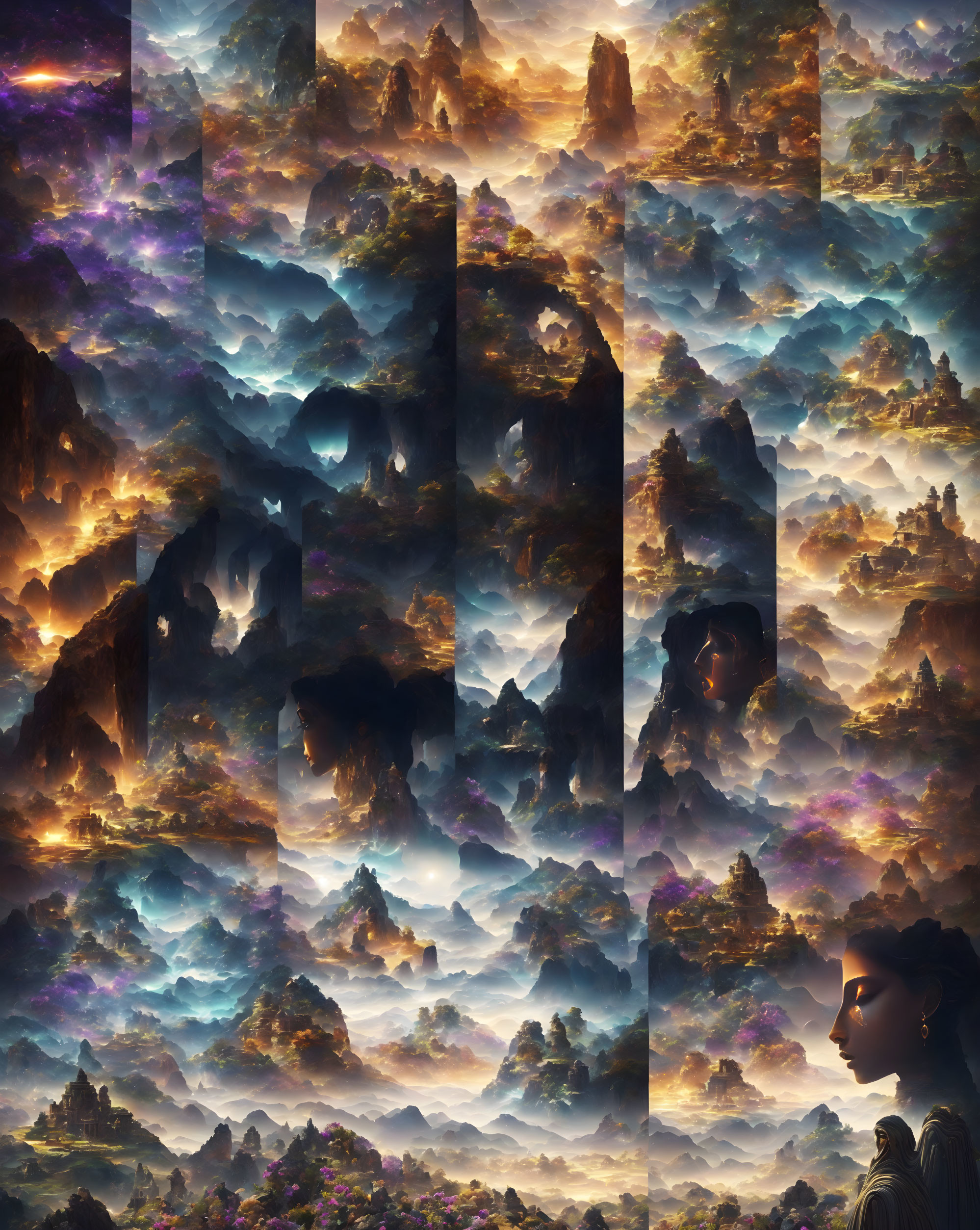 Ethereal landscape mosaic with mountains, clouds, and mystical lights forming a woman's profile.