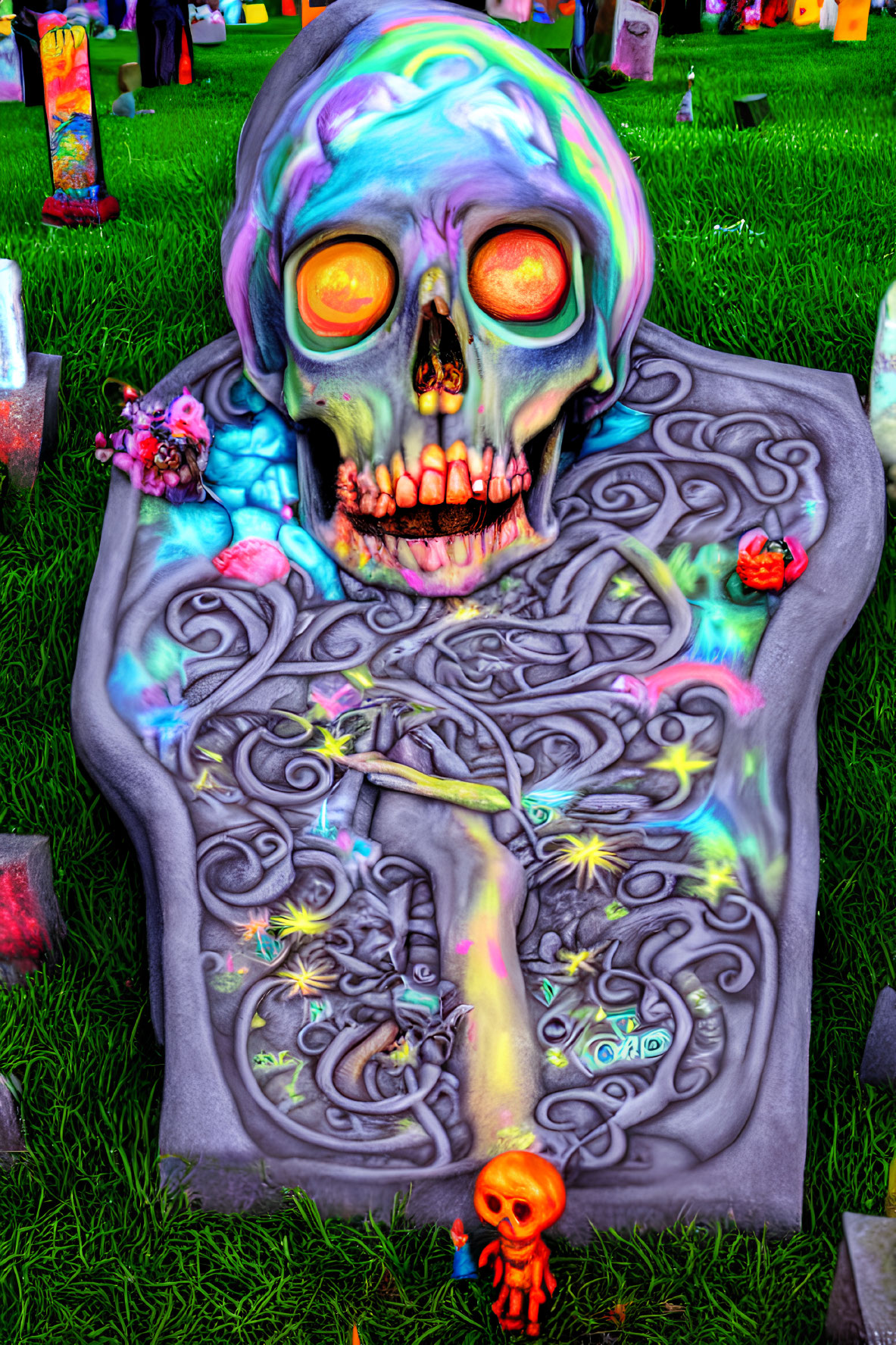 Colorful Skull Painting with Glowing Eyes on Tombstone Amid Grave Decorations