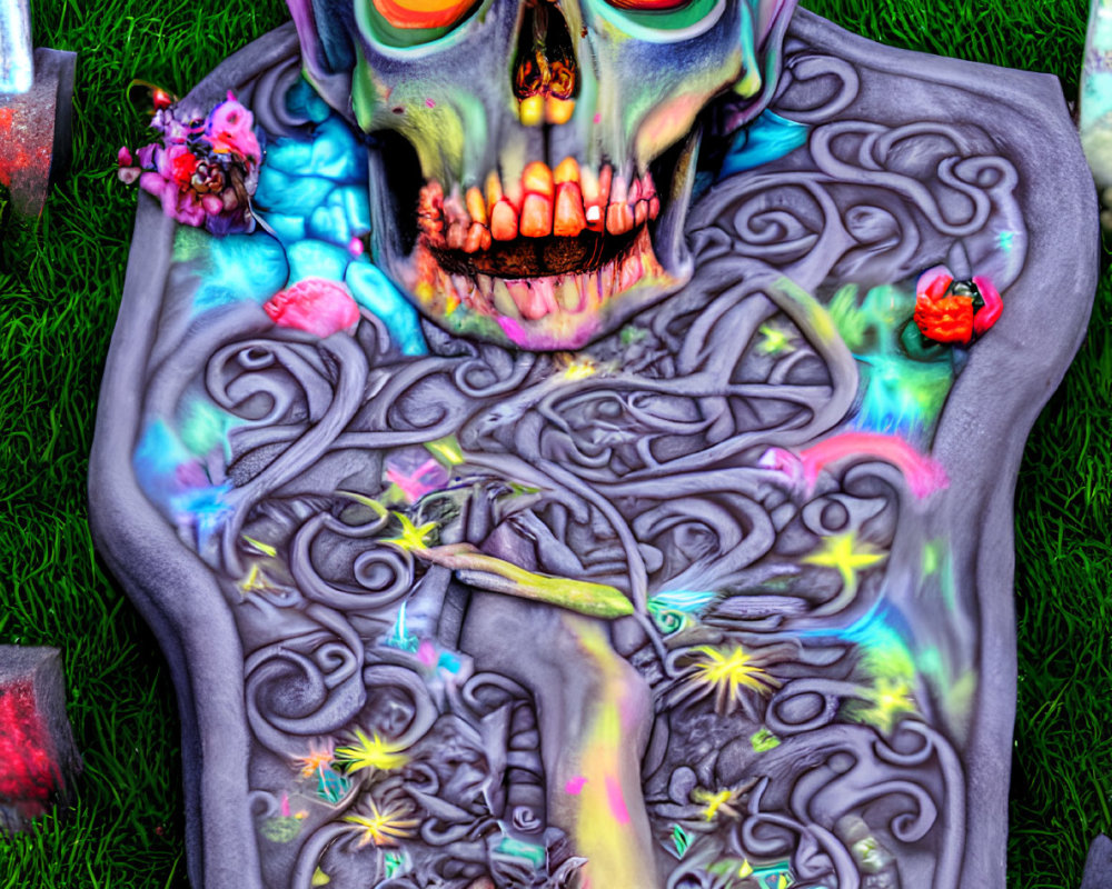 Colorful Skull Painting with Glowing Eyes on Tombstone Amid Grave Decorations