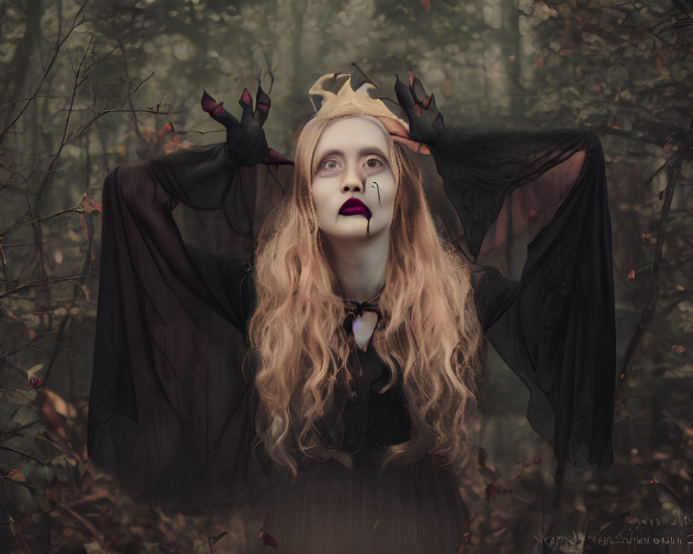 Pale woman with dark lipstick and gold crown in mystical forest setting