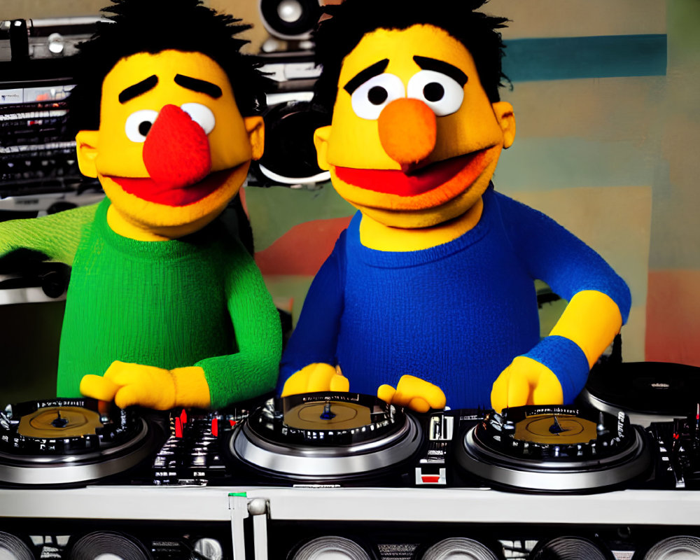 Sesame Street characters Bert and Ernie pose as DJs with turntables and speakers