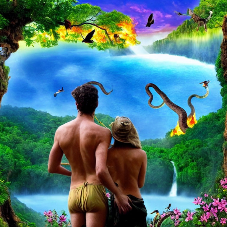 Couple overlooking lush waterfall with colorful birds and serpent