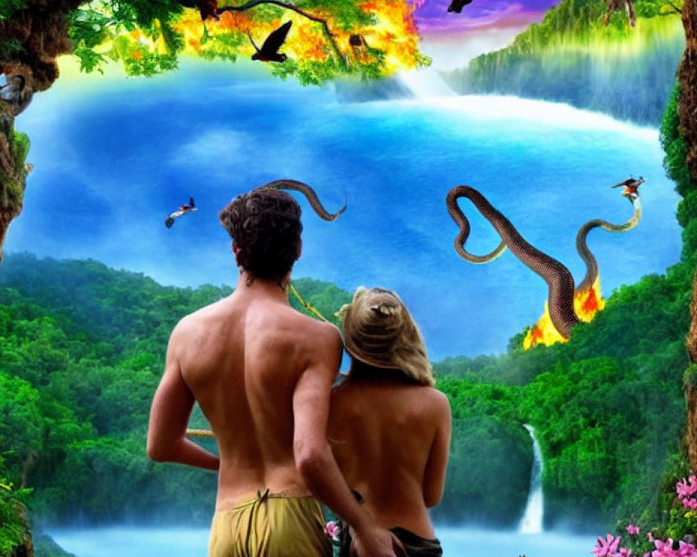 Couple overlooking lush waterfall with colorful birds and serpent