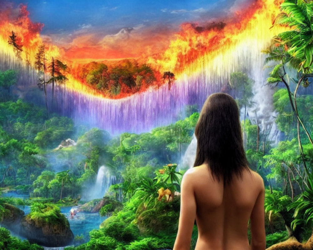Surreal landscape with river of fire, jungle, waterfalls