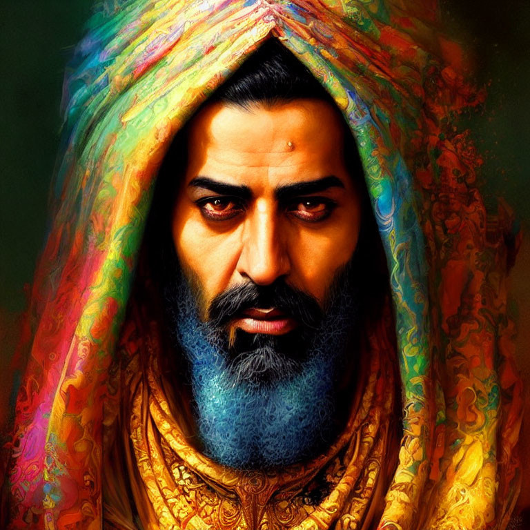 Colorful Turbaned Bearded Man in Traditional Garment