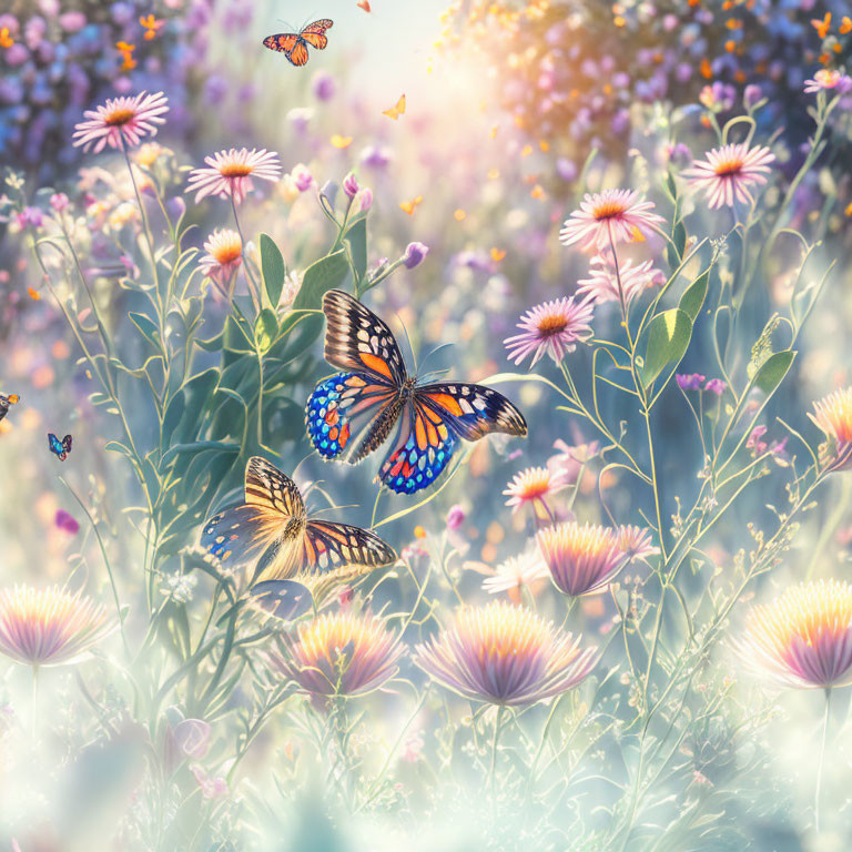 field of flowers and butterfly