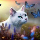 White Cat with Blue Eyes Surrounded by Butterflies and Flowers