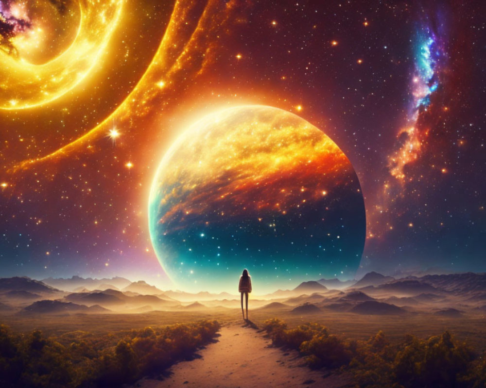 Person standing on pathway with colossal planet and glowing galaxy in vast landscape