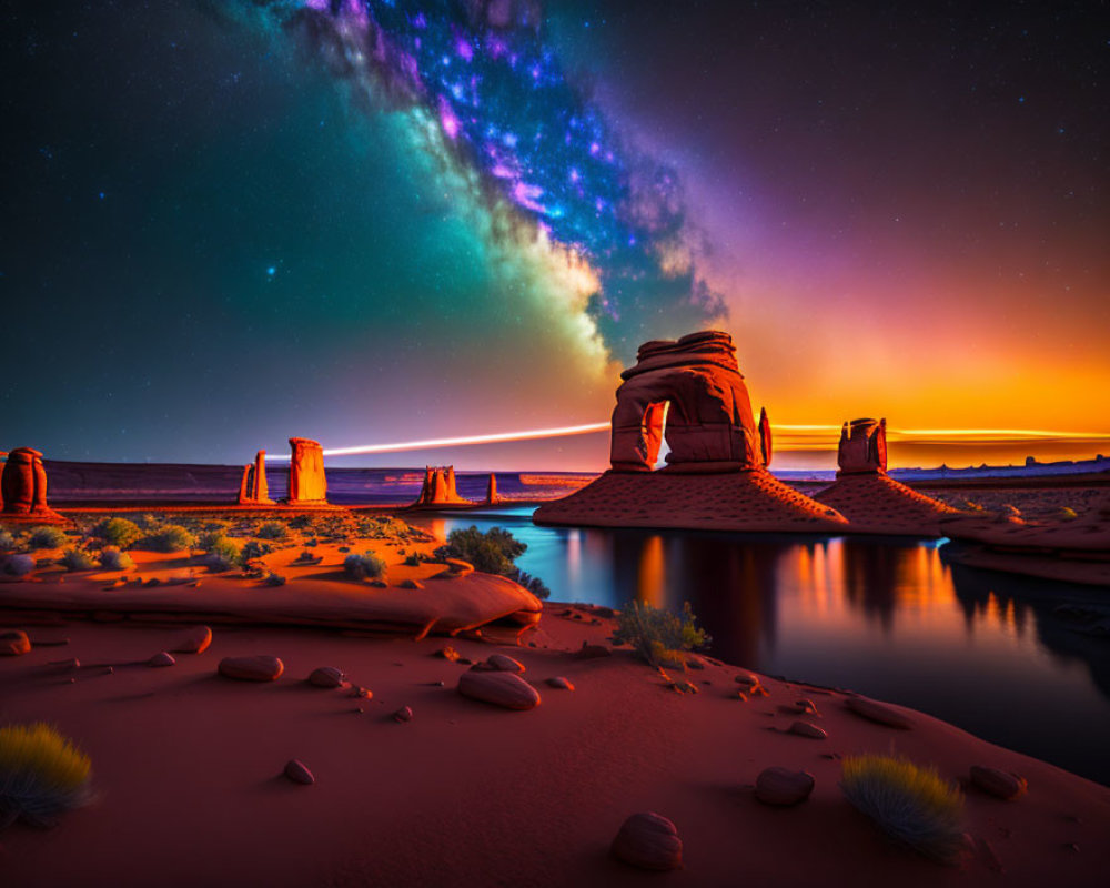 Twilight Sky Over Desert Landscape with Rock Formations