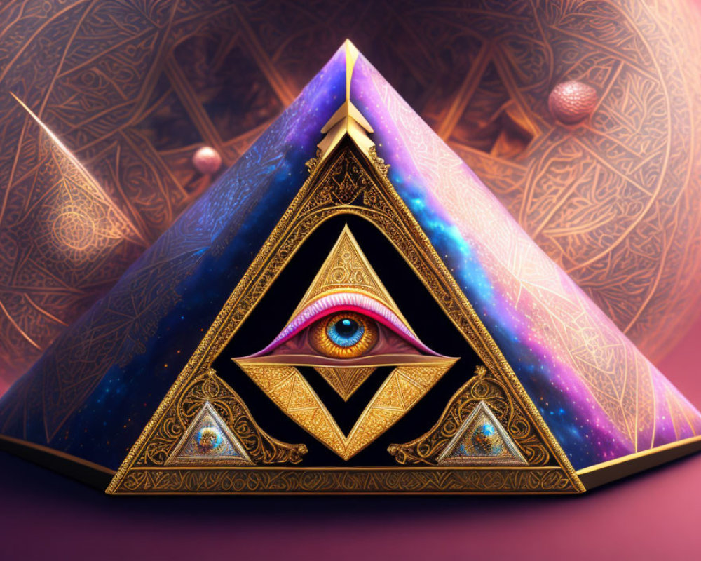 Golden pyramid with all-seeing eye in cosmic sphere