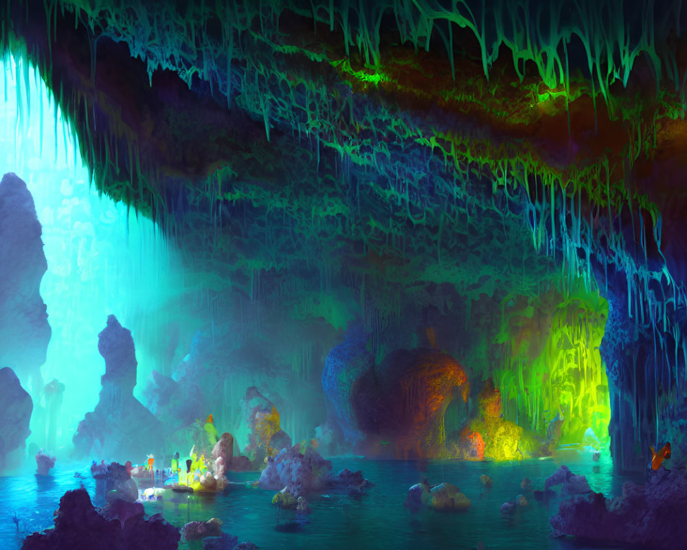 Ethereal cave with glowing lights, stalactites, and water