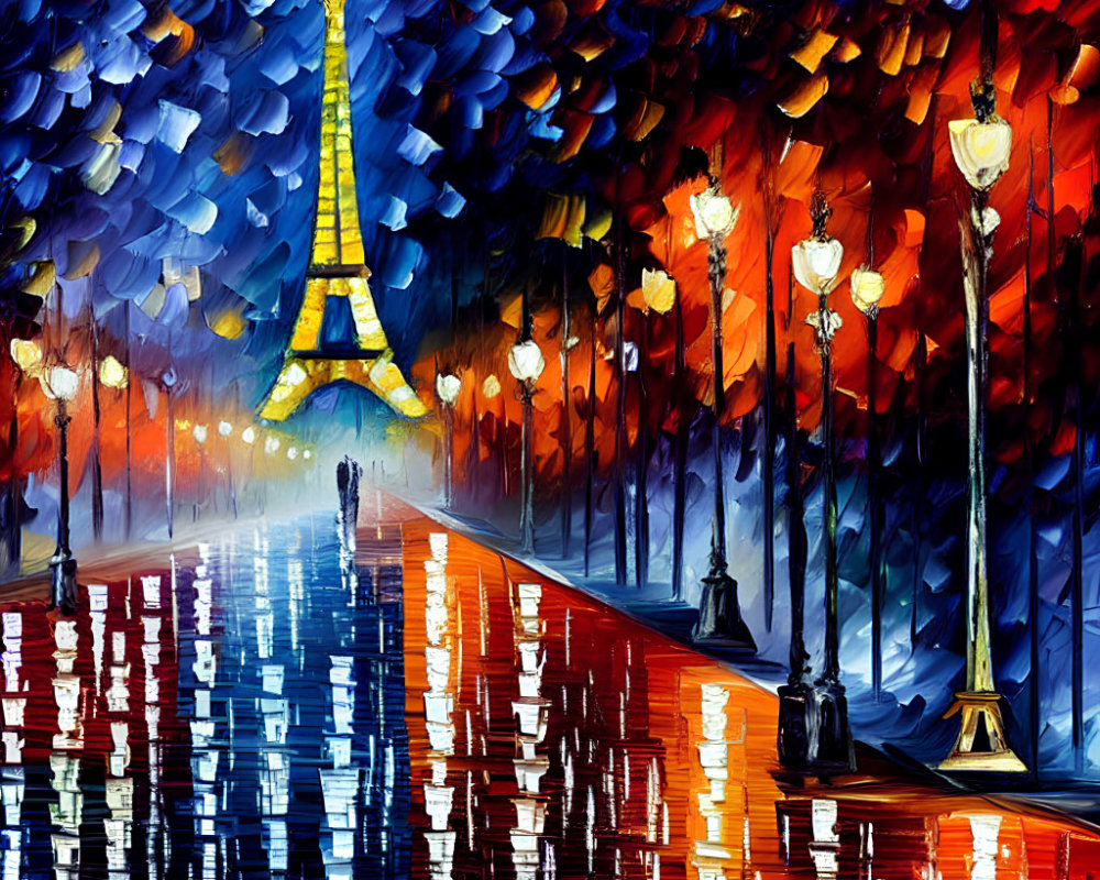 Rain-soaked path to Eiffel Tower at night with street lamps and leafy canopy
