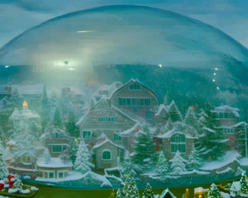 Transparent dome encloses winter village scene with snow-covered buildings and trees.