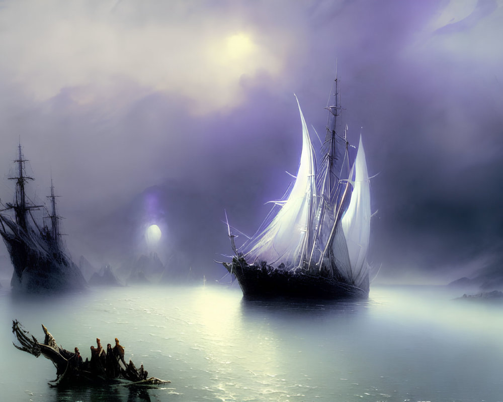Ethereal ghost ships with glowing sails in misty waters