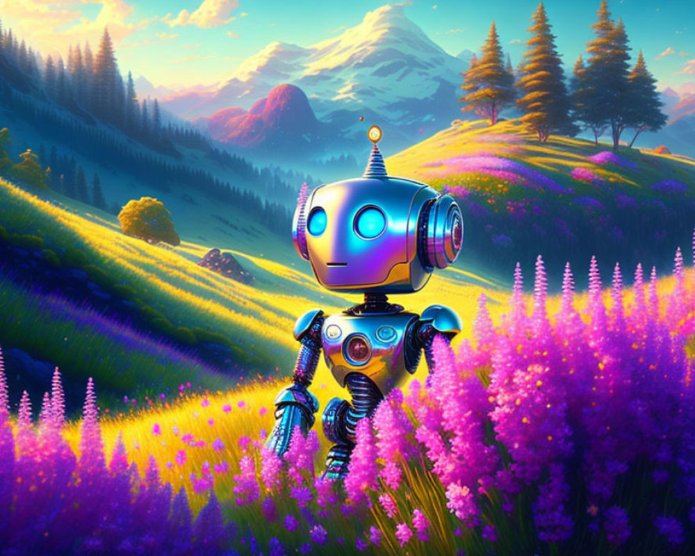 Futuristic robot with glowing blue face in vibrant purple flower field