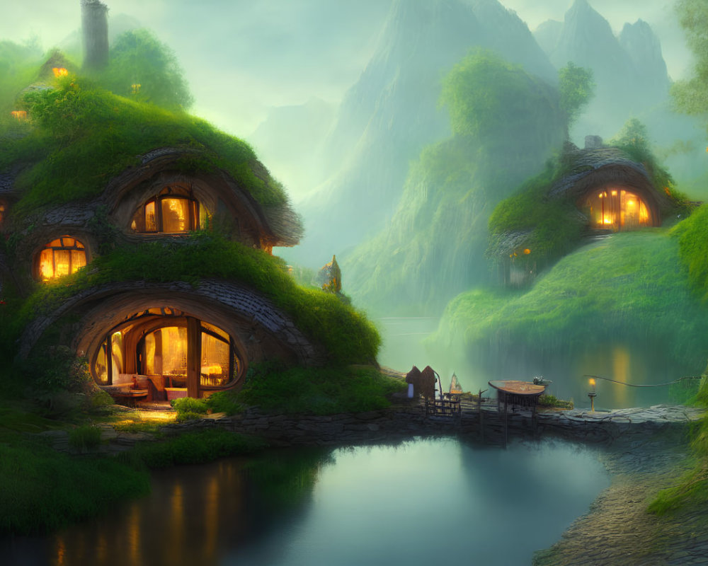 Twilight scene: cozy hobbit-like houses by tranquil lake