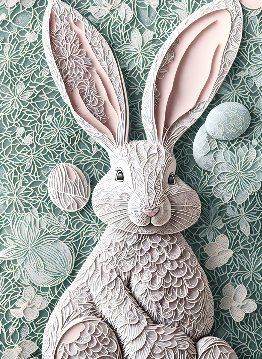 Intricate Paper Art: Rabbit with Patterns, Leaves, & Easter Eggs