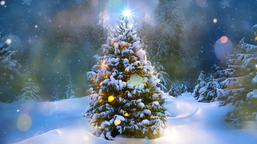 Snow-covered Christmas tree with warm lights in snowy landscape