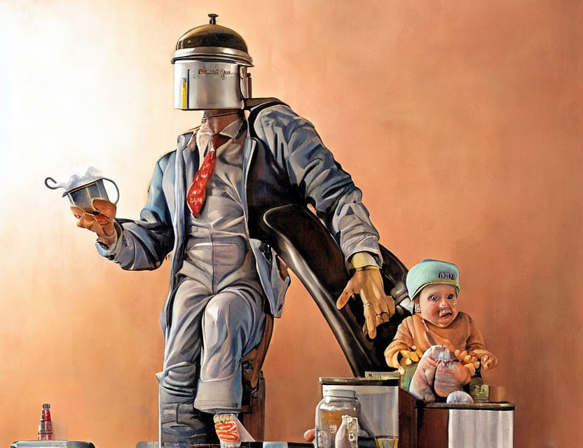 Robot in Suit and Tie Painting Next to Baby with Construction Helmet