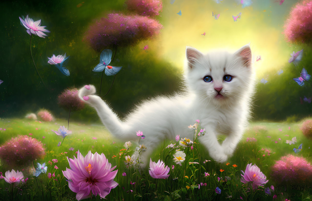 Fluffy white kitten in vibrant flower meadow