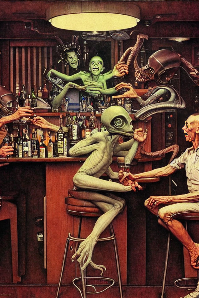 Futuristic bar scene with robots, alien, and human patrons