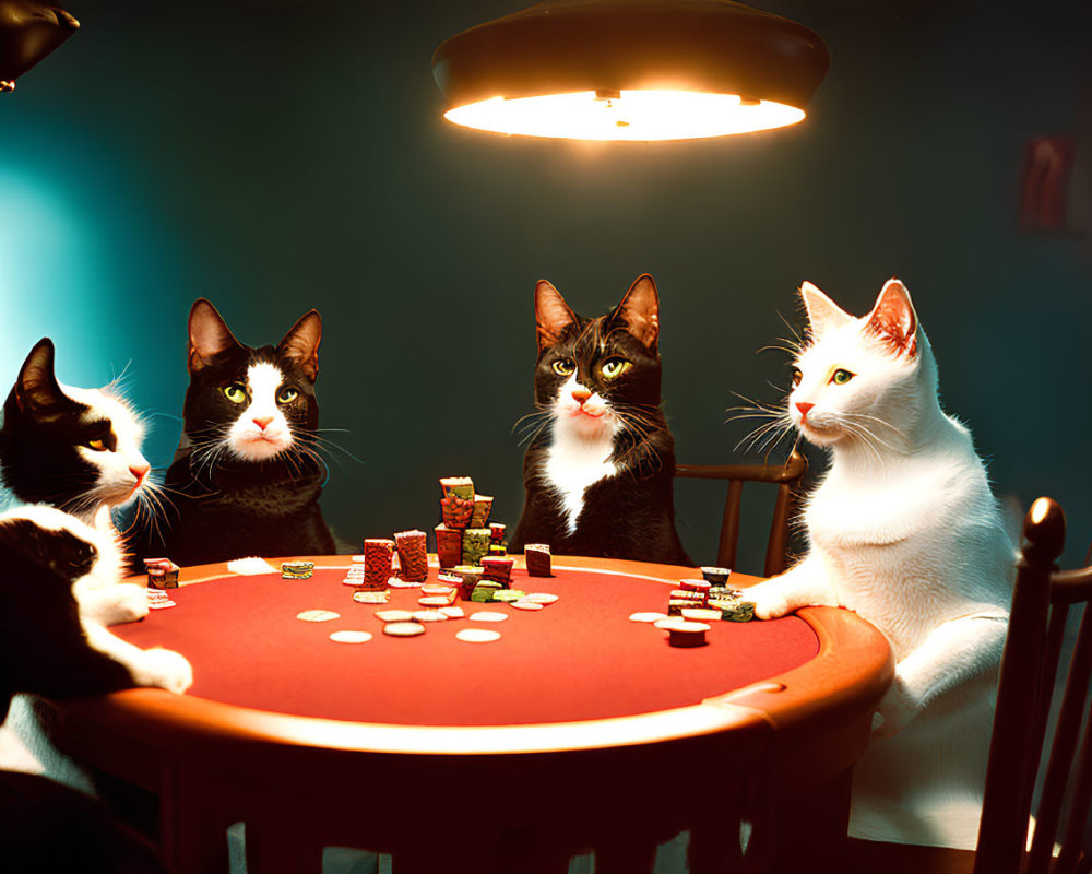 Four Cats Playing Poker with Chips and Cards Under Lamp