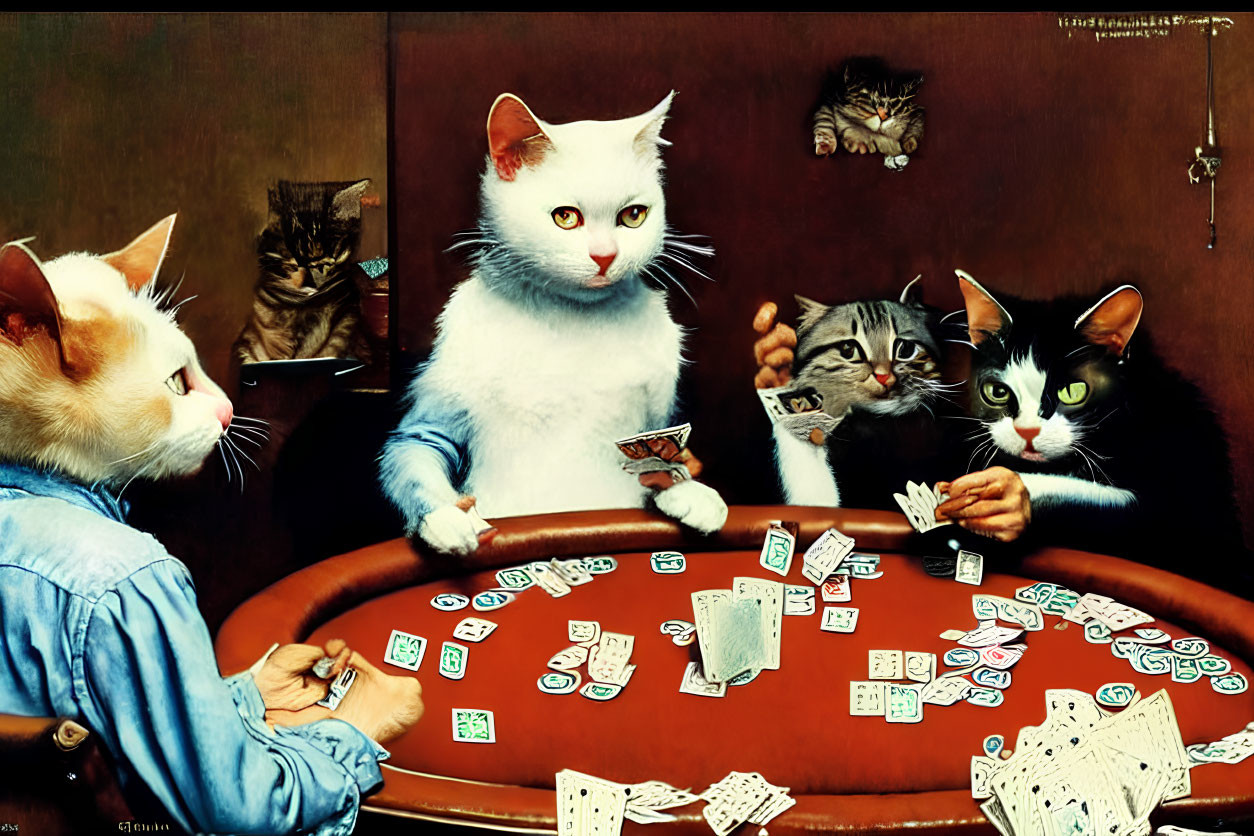 Anthropomorphic Cats Playing Poker Around Circular Table