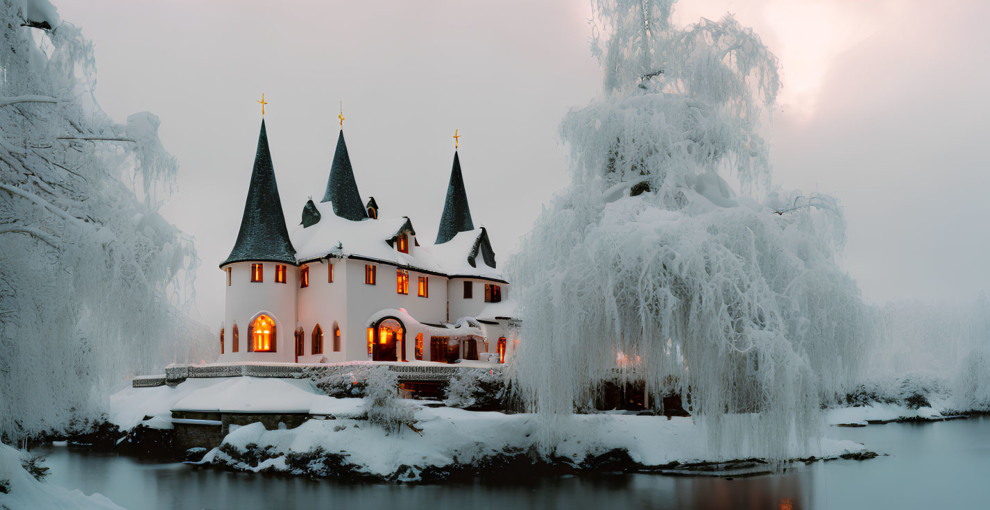 Snowy Twilight Scene: White Castle, Frozen Trees, Tranquil River