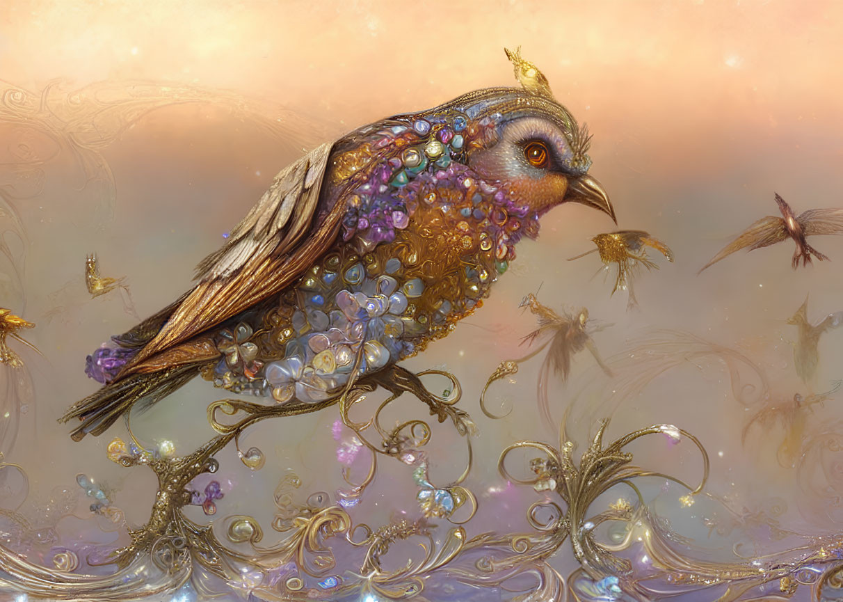 Exquisite jewel-encrusted bird in ethereal setting