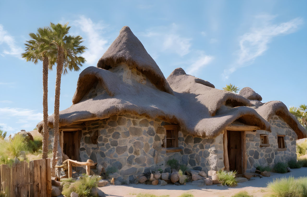 Thatched Roof Cobblestone Cottage with Palm Trees