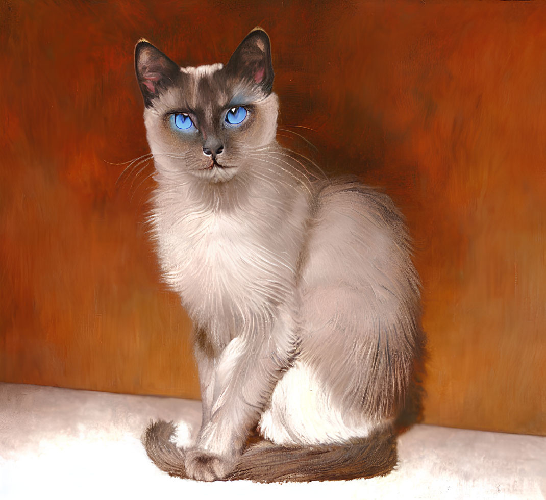Siamese Cat with Blue Eyes and Creamy Coat Against Brown Background