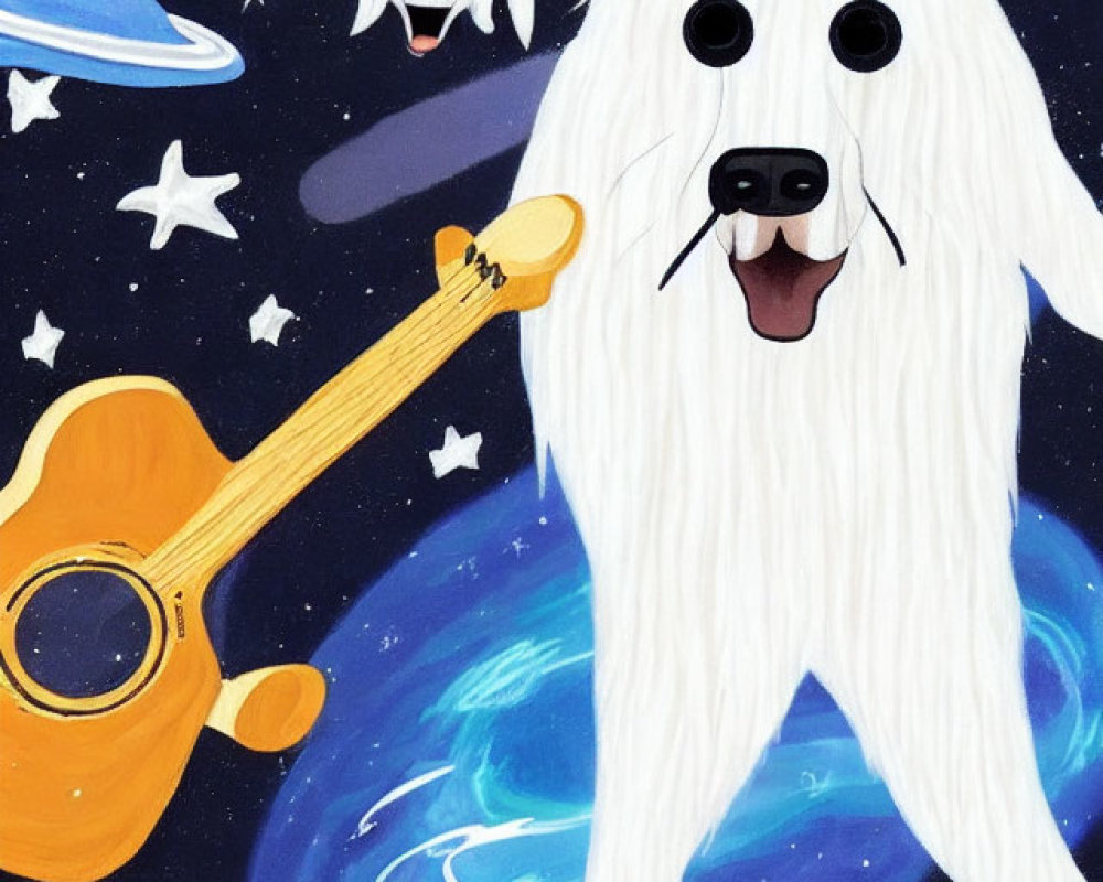 Whimsical illustration: White dog in space with galaxy, stars, smaller dog, and guitar