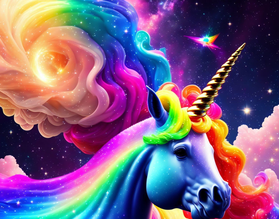 A unicorn spewing rainbows into space