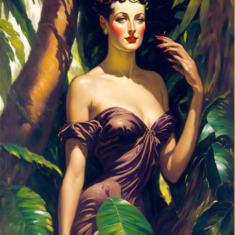 Vintage Style Painting of Woman in Off-Shoulder Dress Amidst Green Foliage